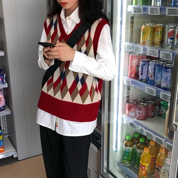 2019 toamna și iarna stil coreean v gât tricotate carouri mâneci epocă vesta pulovere femei pulovere pentru femei (F1373)