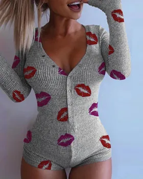 2020 Toamna Noua Femei Tricotate Romper Homewear Drăguț Adânc V-Gât Cu Mâneci Lungi Pijamale Femei Model Stea Butonul Salopeta