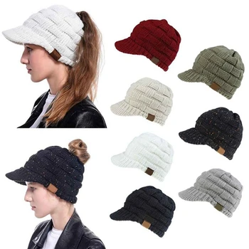 2021 Femei De Iarnă Tricotate Pălărie Pentru Fete Cald Casual Sport Elastic Reglabil Coada De Cal Messy Bun Parasolar Pliabil Cap Pălării
