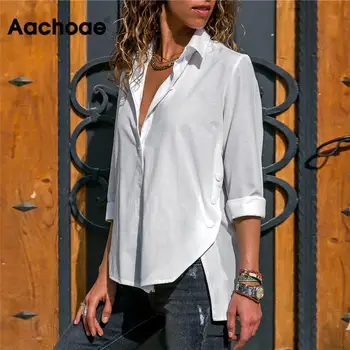 Aachoae Bluze Pentru Femei Primavara-Vara 2020 Solid Butonul Bluza Cu Maneca Lunga Rândul Său, În Jos Guler Camasa-Tunica Casual Pierde Doamnelor Topuri
