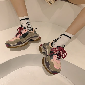 Adidasi Casual pentru Femei Rotund Toe din Piele Dantela-up de Înaltă Calitate de Culoare Amestecat Platforma Indesata Iarna Pluș Pantofi de Funcționare