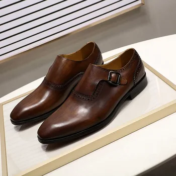 Calitate de Top Luxury Mens Pantofi Rochie Maro din Piele Catarama Călugăr Curea de Afaceri Formale Pantofi Oxford Barbati Mocasini Handmade