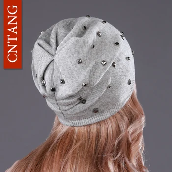 CNTANG 2018 Femei Tricotate Pălărie de Iarnă Lână Nit Încrustații de Cap Doamnelor Cap Pălării de Moda Pentru Femei Dublu Strat Cald Chelioși