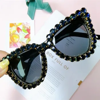 Cristal de Ochi de Pisica ochelari de Soare Femei Negru Albastru Vintage cu Diamante de Lux ochelari de Soare Supradimensionate, Ochelari de Soare Moda de sex Feminin Nuante UV400