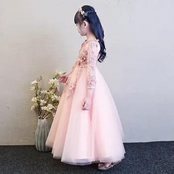 Elegant Roz Tul Fata de Flori Rochie de Mireasa cu Maneci Lungi Aplici Copii Petrecere Rochie de Bal Prima Împărtășanie Rochii de Printesa
