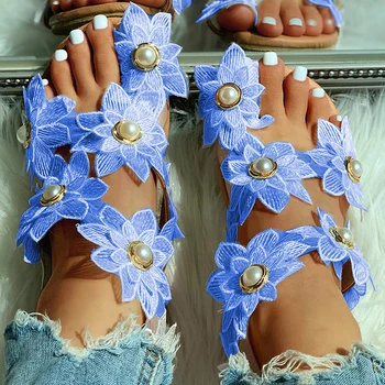 Femeile Artizanal Sandale de Vara Femei Florale Perla Sandale Plate Inel de Deget de la Pantofi de Plaja Rochie Dulce Sandale de Doamnelor Sandalias