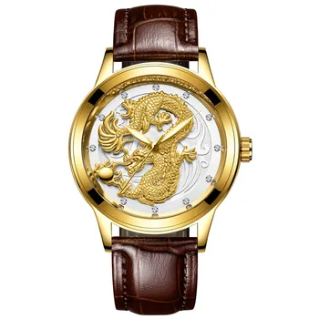 FNGEEN ceas Nou de sex masculin cuarț ceas dragon model luminos de culoare de aur cuarț ultra-subțire de oțel curea