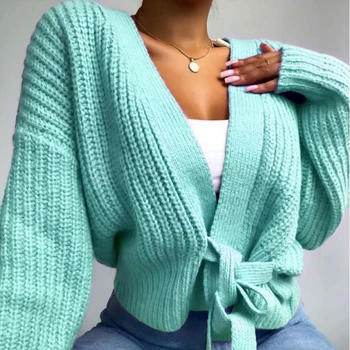 Huaxiafan cardigane solid centura pulovere femei toamna uza topuri casual elegant V gât puff mâneci epocă cald cardigane noi