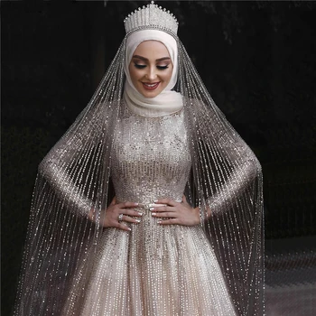 Musulmane Hijab Eșarfă 2020 Ivory Rochii De Mireasa Cu Maneca Lunga Rochie De Mireasa De Epocă De Strălucire De Lux Paiete Mariage Rochii De Mireasa Dubai