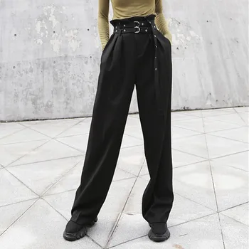 Toamna/iarna Pantaloni de Moda pentru Femei de Moda de Talie Mare Dublu Centura si Casual Negru Pantaloni Largi Picior