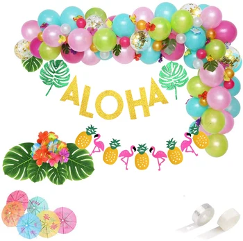 Hawaiian Luau Parte Decoratiuni Consumabile Aloha Flamingo Ananas Banner,Flori De Hibiscus,Ghirlanda Baloane,Umbrele Cocktail