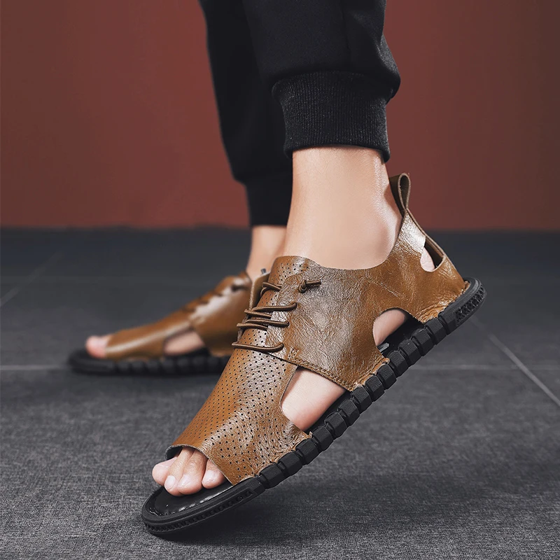Flats sandale barbati alunecare pe pantofi pentru bărbați sandale din piele de de vara curea papuci romane heren sandalen Oferta - Pantofi pentru bărbați Autorefractometre.ro